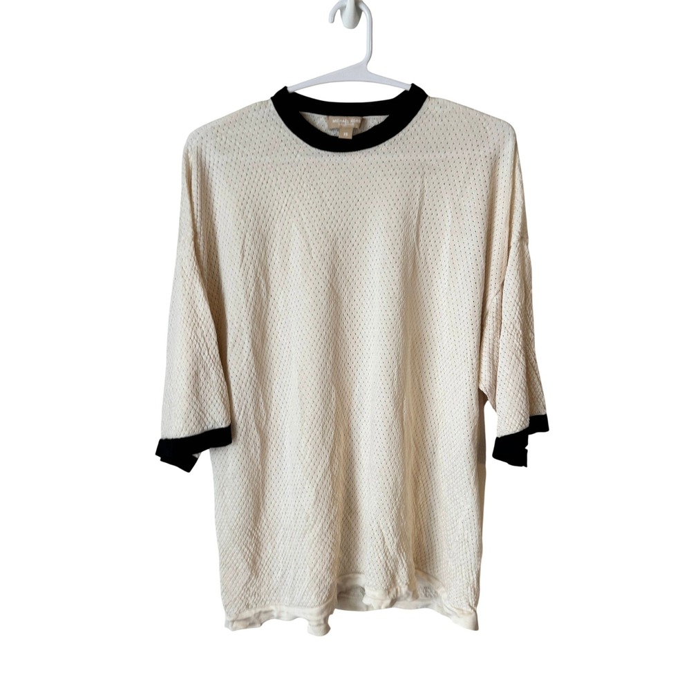 Michael Kors Collection Cream Black Pointelle Mesh Ringer Knit Top XS